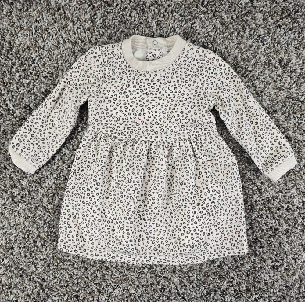 Carters Baby Girls Sz 12M Long Sleeve Sweater Dress Leopard Print Pink Tan